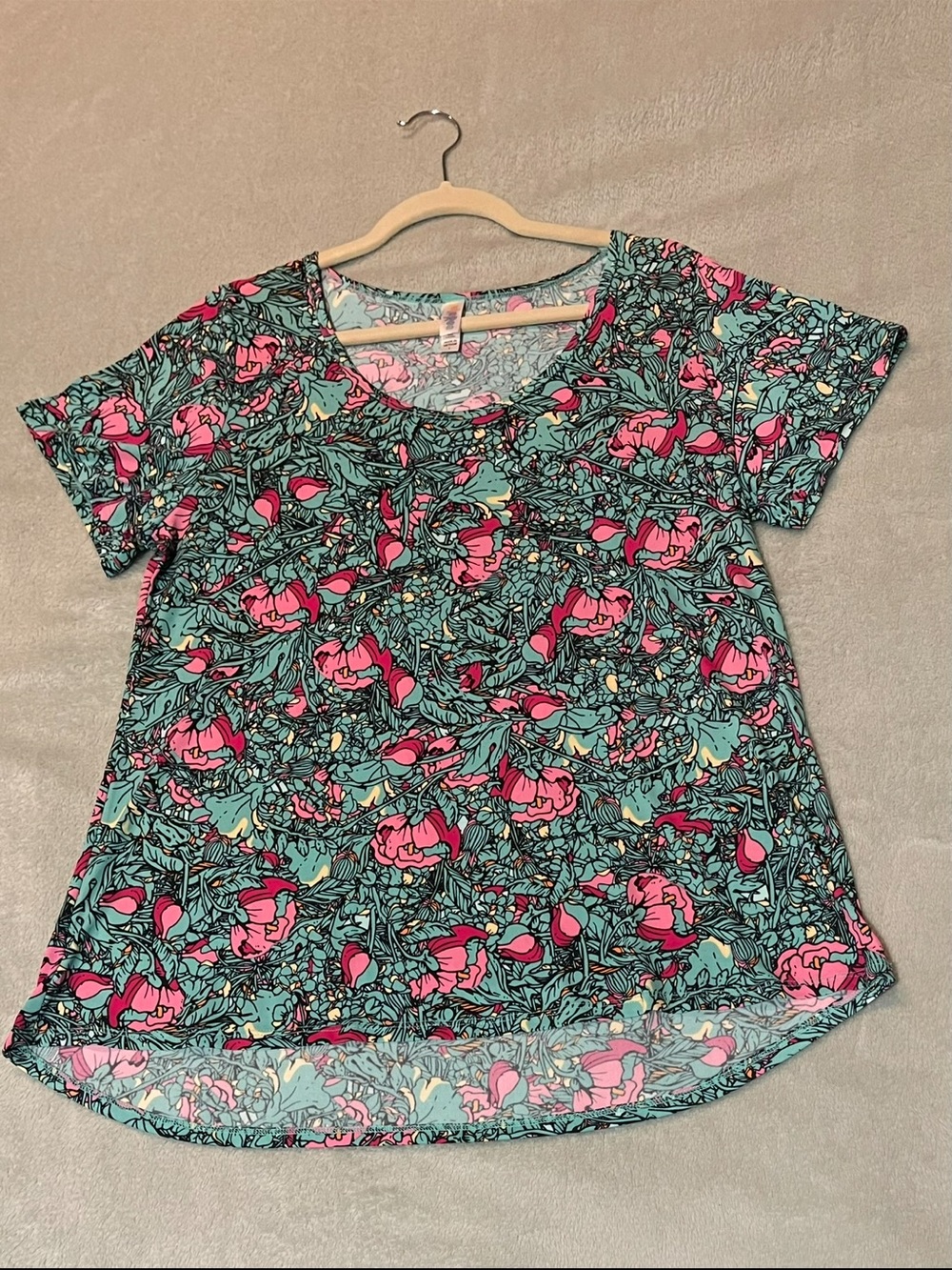 LuLaRoe Short Sleeve Silky Floral Scoop Neck Top - Teal & Pink